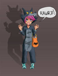 Size: 723x935 | Tagged: safe, artist:blurred-cat, scootaloo, human, wolf, luna eclipsed, animal costume, candy, clothes, costume, halloween, humanized, nightmare night, scootawolf, solo, text, wolf costume