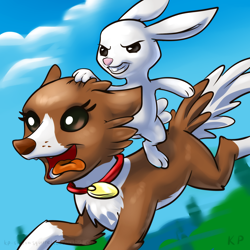 Size: 1500x1500 | Tagged: safe, artist:kp-shadowsquirrel, angel bunny, winona, dog, rabbit, collie, duo, female, male, pets riding pets, ride, rider, riding
