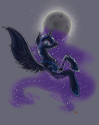 Size: 810x1024 | Tagged: safe, artist:sourcherry, nightmare moon, armor, looking at you, moon, rearing, solo, stars