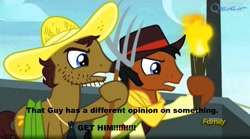 Size: 1665x925 | Tagged: safe, screencap, beuford, mccree, appleoosa's most wanted, image macro, meme, pitchfork, torch