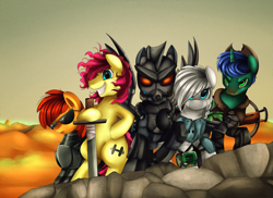 Size: 3509x2550 | Tagged: safe, artist:pridark, oc, oc only, pony, zebra, fallout equestria, armor, bipedal, clothes, commission, group, loose hair, sword, wasteland, weapon