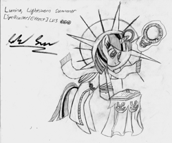 Size: 1815x1510 | Tagged: safe, artist:data expunged, twilight sparkle, twilight sparkle (alicorn), alicorn, pony, female, lumina, mare, monochrome, solo, traditional art, yu-gi-oh!