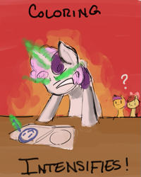 Size: 559x700 | Tagged: safe, artist:just-as-requested, apple bloom, scootaloo, sweetie belle, cutie mark crusaders, drawing, glowing eyes, magic, meme, sweetie belle's magic brings a great big smile, x intensifies