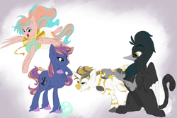 Size: 1024x685 | Tagged: safe, artist:farewelldecency, oc, oc only, oc:harvest star, oc:magpie, oc:sunshower, oc:wayfarer, griffon, offspring, parent:big macintosh, parent:prince blueblood, parent:sunset shimmer, parent:thunderlane, parent:twilight sparkle, parent:zecora, parents:twimac