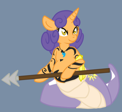 Size: 1204x1096 | Tagged: safe, artist:stickycrop, oc, oc only, oc:kaynah, lamia, original species, snake pony, unicorn, belly, pregnant, solo, spear, weapon