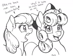 Size: 1650x1275 | Tagged: safe, artist:latecustomer, apple bloom, sweetie belle, accessory theft, monochrome, sketch