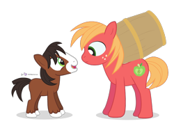 Size: 900x650 | Tagged: safe, artist:dm29, big macintosh, trouble shoes, earth pony, pony, appleoosa's most wanted, barrel, colt, cute, duo, eye contact, frown, little troubleshoes, male, missing accessory, open mouth, simple background, smiling, stallion, transparent background, troublebetes, younger