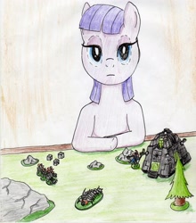 Size: 2436x2772 | Tagged: safe, artist:40kponyguy, derpibooru exclusive, maud pie, earth pony, pony, dice, female, figurine, gaming miniature, looking at you, mare, miniature, necron, necron canoptek tomb sentinel, necron immortals, necron lord, necron monolith, solo, traditional art, warhammer (game), warhammer 40k