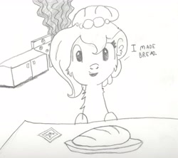 Size: 5292x4697 | Tagged: safe, artist:barryfrommars, oc, oc only, oc:brownie bun, absurd resolution, bread, milestone, monochrome, oven, oven mitt, pencil drawing, sketch, smoke, solo, stove, table, traditional art