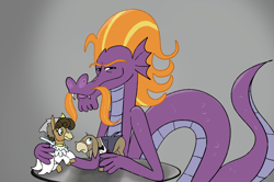 Size: 1202x800 | Tagged: safe, artist:klondike, cranky doodle donkey, matilda, steven magnet, donkey, sea serpent, slice of life (episode), clothes, crankilda, dress, female, gray background, male, narrowed eyes, now kiss, parody, shipper on deck, simple background, trio, tuxedo, wedding dress