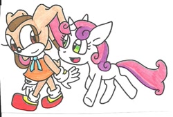Size: 855x578 | Tagged: safe, artist:cmara, sweetie belle, clothes, cream the rabbit, crossover, dress, sonic the hedgehog (series), traditional art