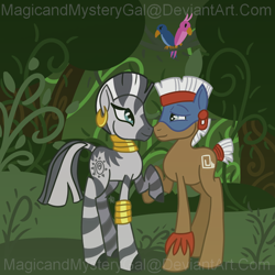 Size: 860x860 | Tagged: safe, artist:magicandmysterygal, temple chant, zecora, zebra, female, male, shipping, straight, zechant