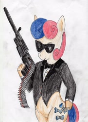 Size: 2502x3456 | Tagged: safe, artist:40kponyguy, derpibooru exclusive, bon bon, sweetie drops, pony, bipedal, clothes, machine gun, secret agent sweetie drops, solo, sunglasses, traditional art, tuxedo