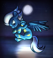 Size: 1280x1408 | Tagged: safe, artist:replacer808, night glider, moon, night, reflection, solo, water, wonderbolts uniform