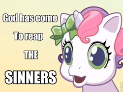 Size: 631x471 | Tagged: safe, sweetie belle, g3.5, newborn cuties, faces of evil, final hallway xiii, god has come to reap the sinners, image macro, jontron, meme