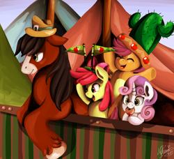 Size: 1024x932 | Tagged: safe, artist:shivall, apple bloom, scootaloo, sweetie belle, trouble shoes, appleoosa's most wanted, cactus hat, cutie mark crusaders, giant hat, hat