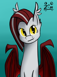 Size: 2300x3100 | Tagged: safe, artist:clot, oc, oc only, oc:zim, bat pony, pony, sphinx, bat sphinx, batsphinx, fangs, simple background, slit eyes, solo, sphinx oc