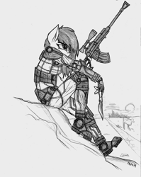 Size: 1226x1538 | Tagged: safe, artist:mach-volt, oc, oc only, oc:rain dancer, anthro, fallout equestria, armor, gun, looking away, monochrome, no trigger discipline, sitting, sketch, solo, wasteland