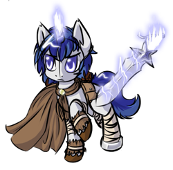 Size: 549x541 | Tagged: safe, artist:sapphfyr, oc, oc only, oc:star saber, pony, unicorn, cape, clothes, magic, male, solo, sword