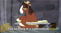 Size: 854x468 | Tagged: safe, edit, edited screencap, screencap, trouble shoes, earth pony, pony, appleoosa's most wanted, caption, cot, discovery family logo, hat, image macro, jail, male, solo, stallion, supervillain