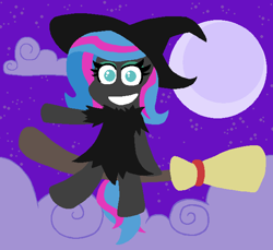 Size: 617x564 | Tagged: safe, artist:threetwotwo32232, oc, oc only, oc:scribbler, broom, cloud, crescent moon, flying, flying broomstick, halloween, hat, looking at you, moon, night, smiling, solo, stars, witch, witch hat