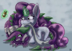 Size: 1024x724 | Tagged: safe, artist:dinodraketakethecake, spike, sweetie belle, dragon, bandage, female, injured, magic, male, older, shipping, spikebelle, straight