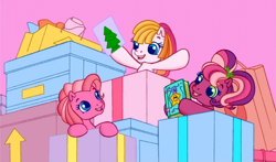 Size: 740x435 | Tagged: safe, screencap, cheerilee (g3), pinkie pie (g3), toola roola, g3.5, book, box, boxes, card, present, waiting for the winter wishes festival