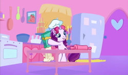 Size: 740x435 | Tagged: safe, screencap, sweetie belle, g3.5, chef's hat, flour, hat, solo, waiting for the winter wishes festival