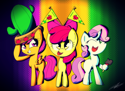 Size: 2202x1606 | Tagged: safe, artist:therandomjoyrider, apple bloom, scootaloo, sweetie belle, appleoosa's most wanted, cactus hat, cutie mark crusaders, flag, giant hat, hat, trio