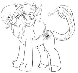 Size: 799x748 | Tagged: safe, oc, oc only, chimera, snake, chimera pony, conjoined, conjoined twins, monochrome, two heads, vulgar