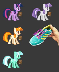 Size: 447x548 | Tagged: safe, artist:mane6, dewdrop dazzle, lyra heartstrings, twilight sparkle, twilight velvet, fighting is magic, alternate costumes, clothes, crossover, palette swap, rapidash, shoes, sneakers, tennis shoe, tennis shoe twilight, wip