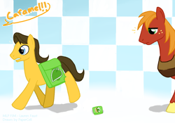 Size: 900x630 | Tagged: safe, artist:papercell, big macintosh, caramel, earth pony, pony, caramel lost the grass seeds, male, seeds, stallion