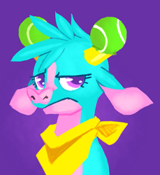 Size: 653x712 | Tagged: safe, artist:nannercoco, arizona cow, cow, them's fightin' herds, childproofing, community related, frown, horn, horn guard, looking at you, palette swap, tennis, tennis ball, tennis shoe twilight