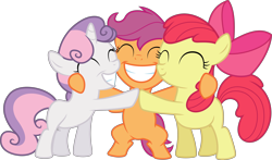 Size: 8466x4977 | Tagged: safe, artist:reginault, apple bloom, scootaloo, sweetie belle, earth pony, pegasus, pony, unicorn, crusaders of the lost mark, .svg available, absurd resolution, cutie mark, cutie mark crusaders, eyes closed, female, filly, grin, group hug, happy, hug, simple background, transparent background, trio, vector