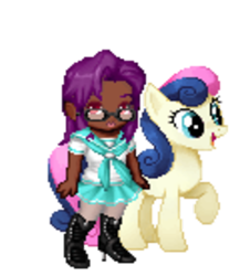 Size: 413x476 | Tagged: safe, artist:theanimefanz, derpibooru exclusive, bon bon, sweetie drops, clothes, dark skin, gaia online, glasses, purple hair, school uniform