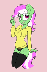 Size: 694x1073 | Tagged: safe, artist:sweetfilthyfun, oc, oc only, oc:mint condition, anthro, black underwear, clothes, hoodie, peace sign, socks, solo, tongue out, underwear, watermark