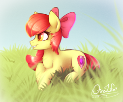 Size: 1200x1000 | Tagged: safe, artist:andyfirelife, apple bloom, crusaders of the lost mark, cutie mark, grass, prone, smiling, solo, the cmc's cutie marks