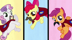 Size: 1600x900 | Tagged: safe, edit, edited screencap, screencap, apple bloom, scootaloo, sweetie belle, one bad apple, cutie mark crusaders, fake moustache, image macro, meme, moustache, yay