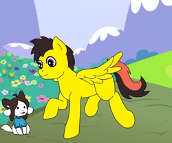 Size: 1200x1000 | Tagged: safe, artist:linedraweer, oc, oc only, oc:bigdog pie, pegasus, pony, :3, open mouth, outdoors, raised hoof, raised leg, sitting, smiling, spread wings, temmie, undertale