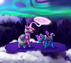 Size: 1600x1422 | Tagged: safe, artist:miz-jynx, galaxy (g1), oc, oc:treatisecharm, pony, unicorn, g1, aurora borealis, duo, forest, magic, scroll