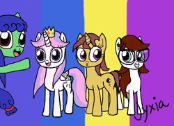 Size: 1100x800 | Tagged: safe, artist:jyxia, oc, oc only, oc:blood rose, oc:blurie grape, oc:sunshine, alicorn, earth pony, pony, unicorn, alicorn oc, female, mare, unnamed oc