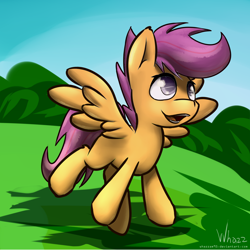 Size: 1500x1500 | Tagged: safe, artist:whazzam95, scootaloo, pegasus, pony, female, filly, orange coat, solo, wings