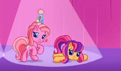 Size: 740x435 | Tagged: safe, screencap, pinkie pie (g3), scootaloo, scootaloo (g3), g3.5, hat, looking at you, party hat, spotlight, waiting for the winter wishes festival