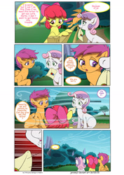 Size: 1600x2261 | Tagged: safe, artist:jeremy3, apple bloom, scootaloo, sweetie belle, pony, comic:everfree, comic, cutie mark crusaders, everfree forest, fence, letter, mouth hold, welp, wind