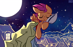 Size: 4000x2600 | Tagged: dead source, safe, artist:inkypsycho, scootaloo, eyes closed, female, full moon, moon, night, pillow, ponyville, sleeping, solo, stars