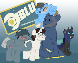 Size: 911x745 | Tagged: safe, artist:mediponee, changeling, blu, crossover, heavy, heavy weapons guy, medic, ponified, scout, soldier, spy, team fortress 2