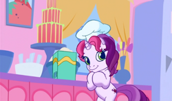 Size: 740x435 | Tagged: safe, screencap, sweetie belle, sweetie belle (g3), g3.5, chef's hat, hat, looking at you, solo, waiting for the winter wishes festival, xk-class end-of-the-world scenario