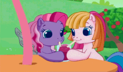 Size: 740x435 | Tagged: safe, screencap, starsong, toola roola, earth pony, pegasus, pony, g3, g3.5, animated, blowing bubbles, bubble, cute, drinking, duo, female, filly, frothing, intro, milkshake, shipping fuel, straw