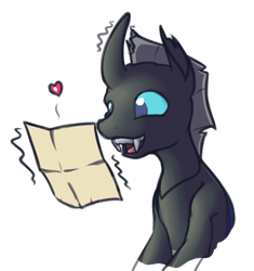 Size: 1494x1591 | Tagged: safe, artist:vulapa, changeling, cuteling, happy, heart, letter, magic, reading, simple background, smiling, solo, telekinesis