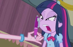 Size: 1185x768 | Tagged: safe, screencap, pinkie pie, twilight sparkle, equestria girls, balloon, bracelet, faic, great moments in animation, jewelry, pen, solo focus